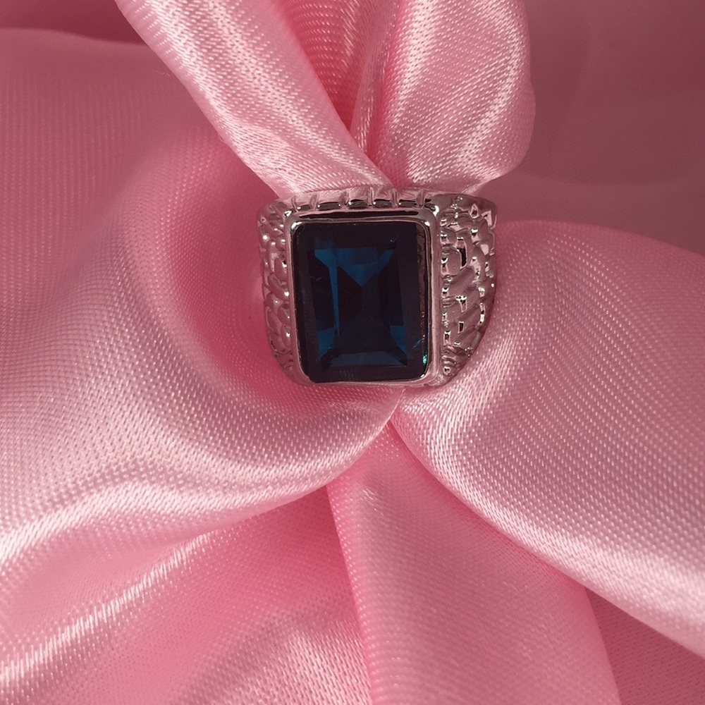 Silver Tone Ring Huge Blue Emerald Cut Stone